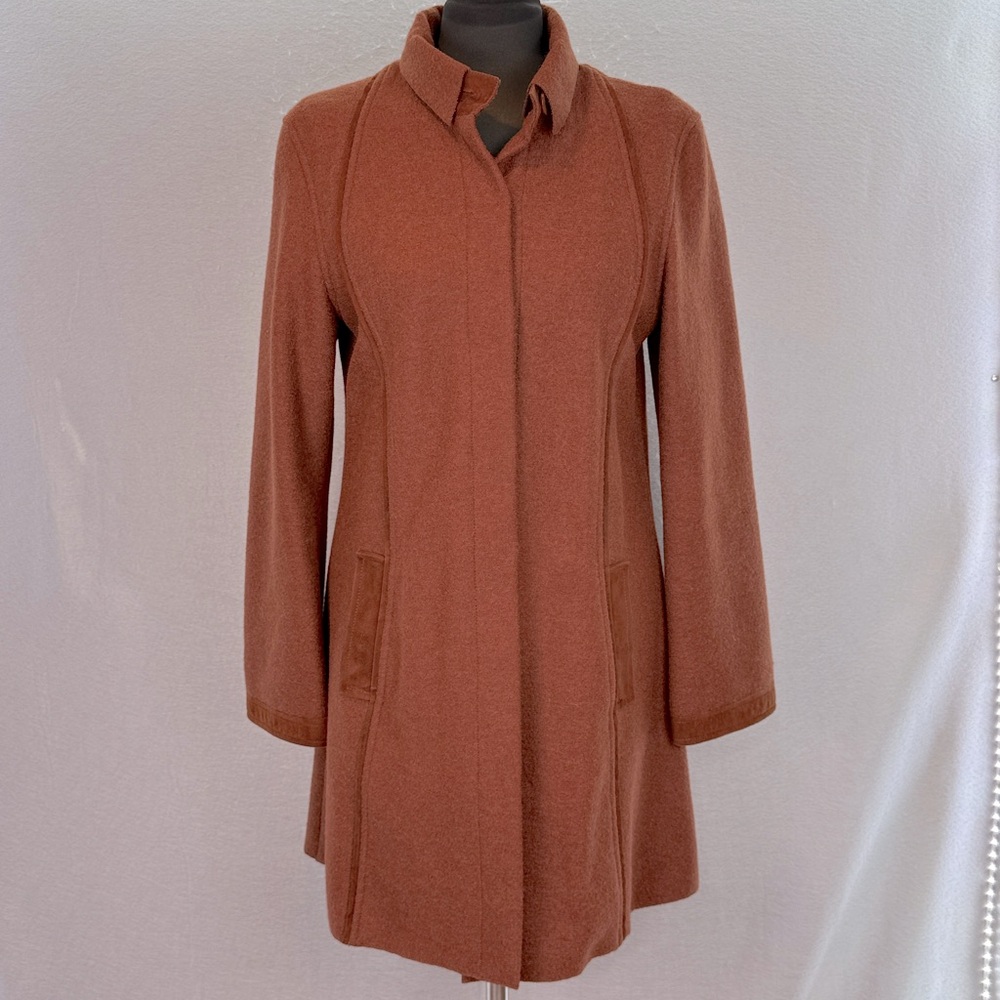 Alpaca 111 women’s brown wool alpaca blend mid- length Coat suede leather trim M